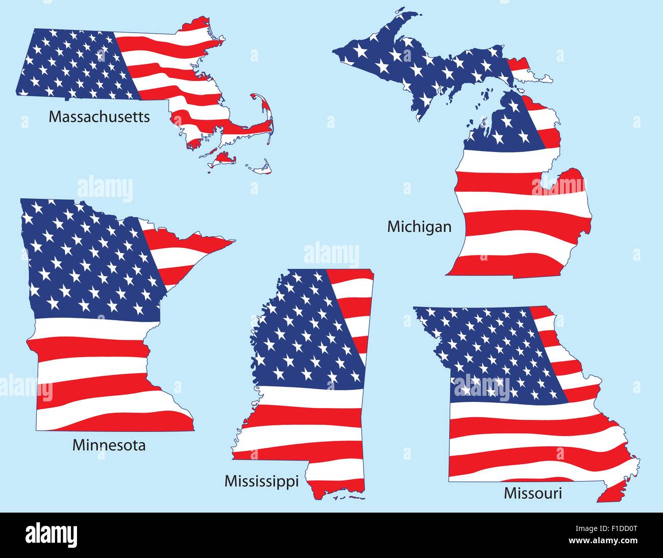 Massachusetts, Michigan, Minnesota, Mississippi e Missouri delinea con bandiere, ciascuno individualmente raggruppate Illustrazione Vettoriale