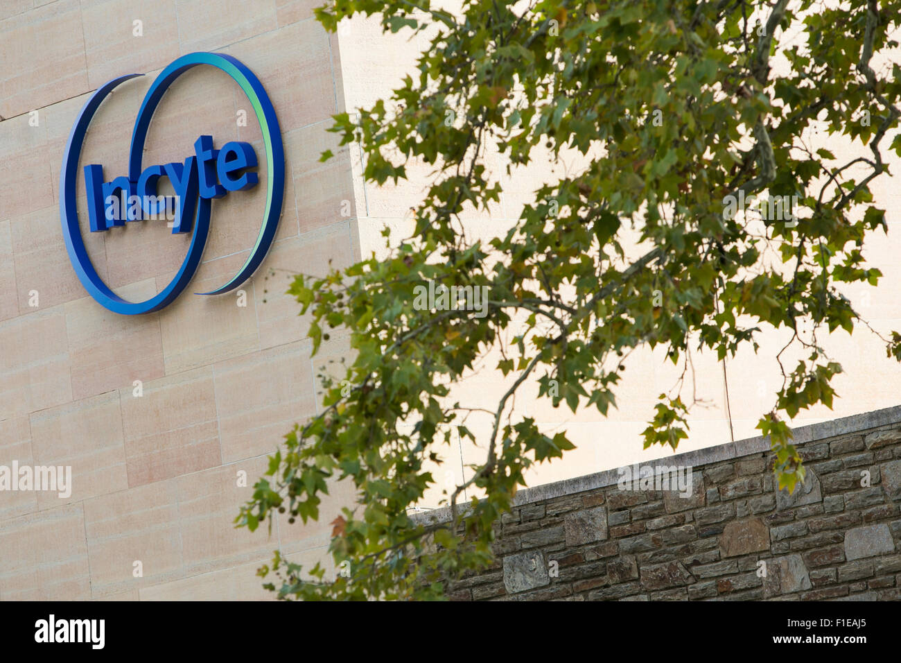 Un logo segno al di fuori della sede della Incyte Corporation in Wilmington, Delaware il 29 agosto 2015. Foto Stock