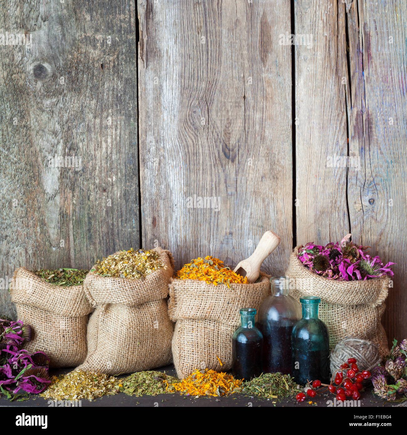 Erbe curative in sacchetti di Hesse e bottiglie di colore blu con tintura sul vecchio sfondo di legno, la medicina di erbe. Foto Stock
