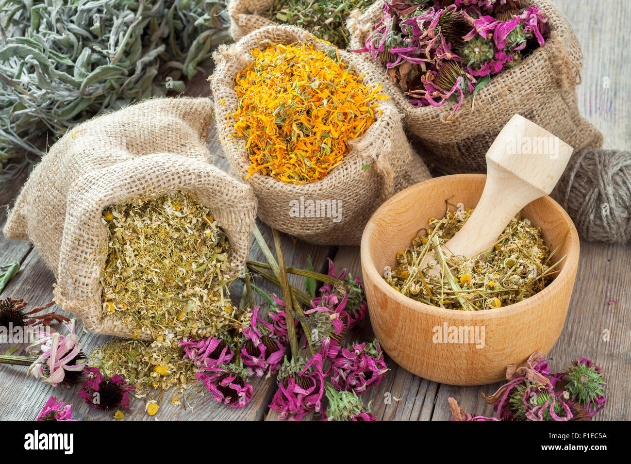 Erbe curative in sacchetti di Hesse, mortaio di legno con la camomilla sul tavolo rustico, la medicina di erbe. Foto Stock