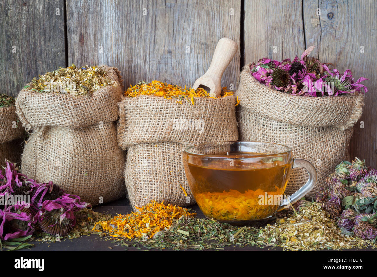 Erbe curative in sacchetti di Hesse e sana tazza di tè, la medicina di erbe. Foto Stock