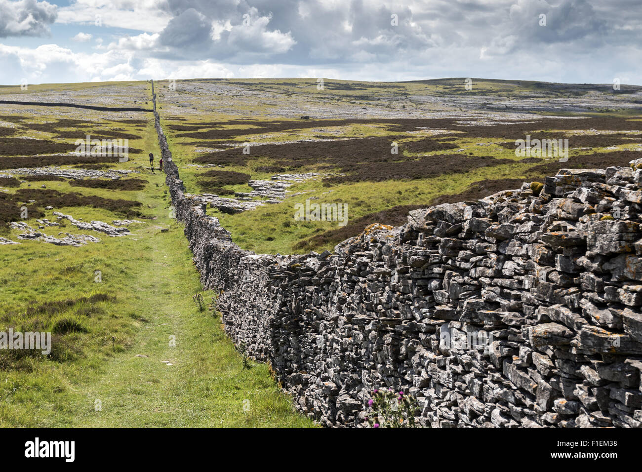 Un secco lungo muro di pietra che conduce fino a Moughton Foto Stock