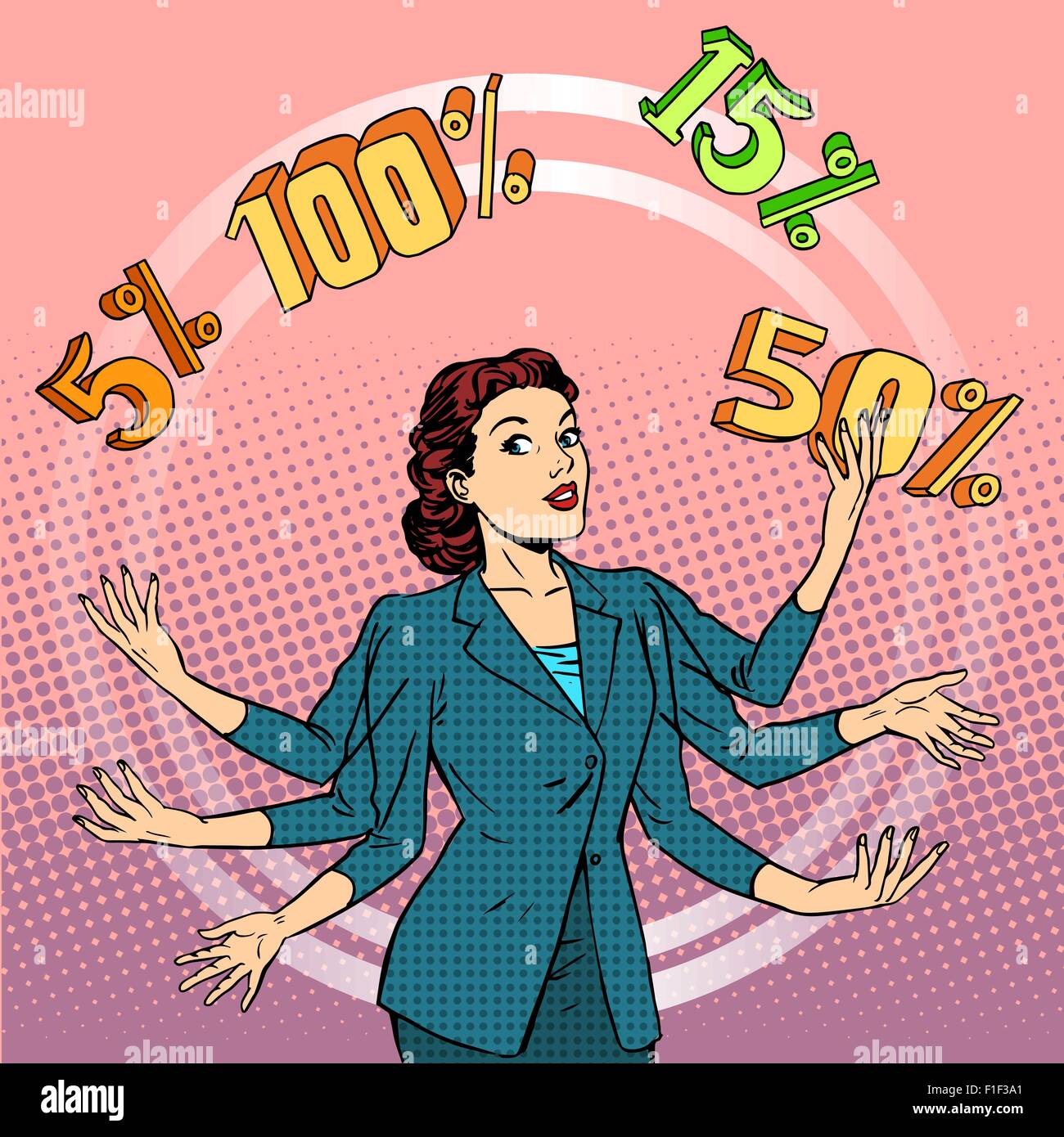 Sconti Promozioni vendita imprenditrice juggling cento Illustrazione Vettoriale Sconti Promozioni vendita imprenditrice juggling cento Illustrazione Vettoriale