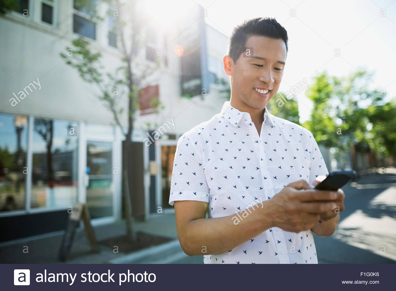 Uomo sorridente texting con un telefono cellulare di sunny street Foto Stock