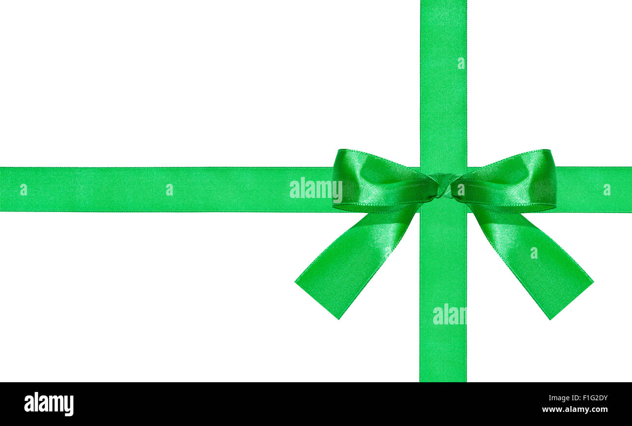 Un grande arco verde-nodo su due nastri di raso isolati su sfondo bianco Foto Stock