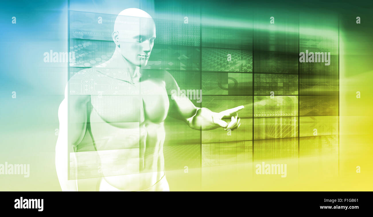 Imprenditore la navigazione di rete sul touchscreen futuristico Foto Stock