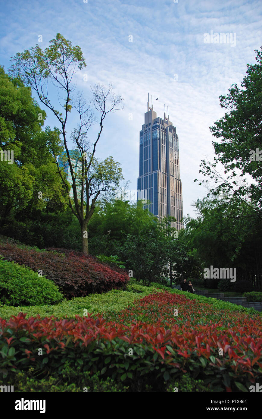 Un grattacielo e un parco pubblico a Shanghai. Foto Stock