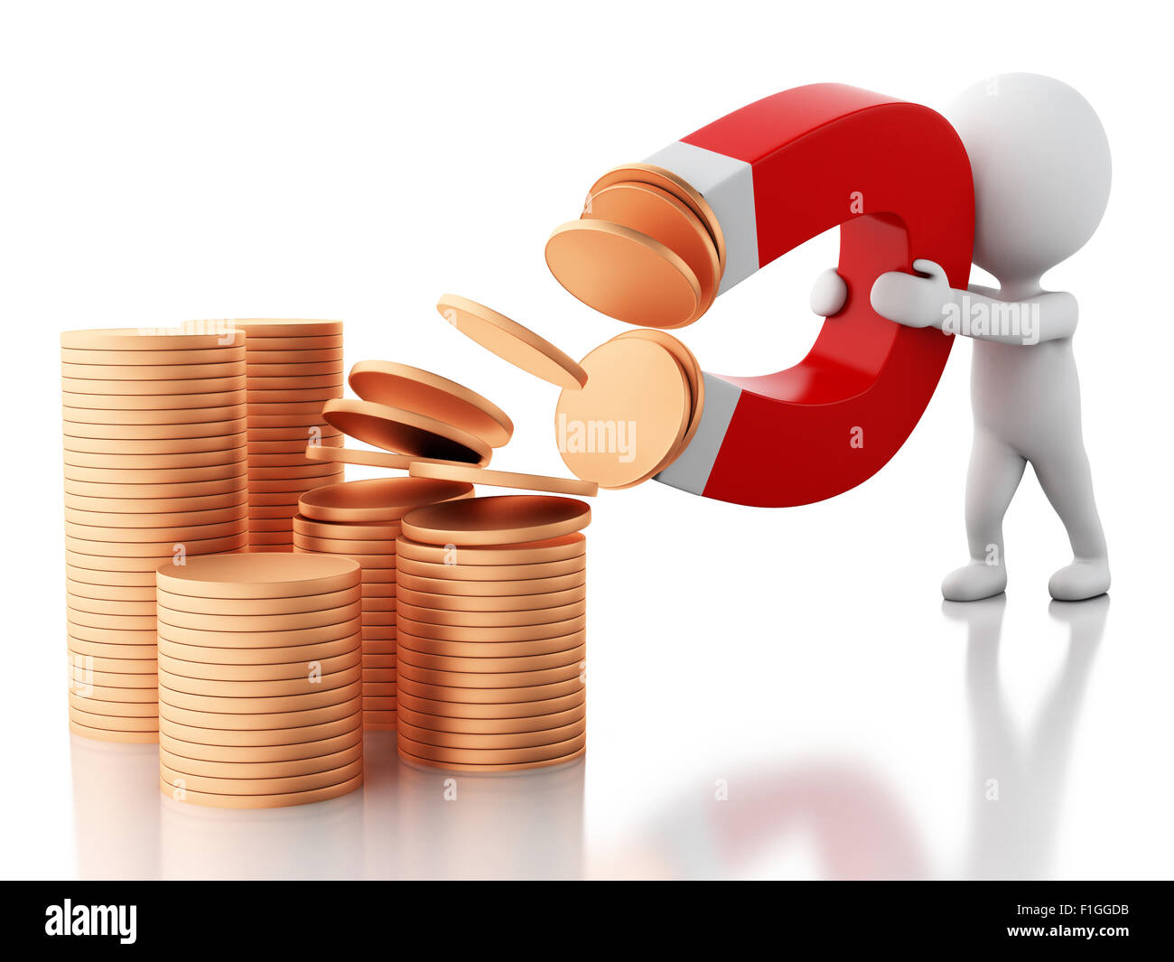 3D renderer immagine. Persone di colore bianco con magnete a ferro di cavallo attirare denaro. Isolato sfondo bianco Foto Stock