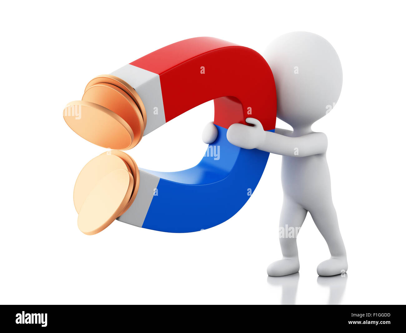 3D renderer immagine. Persone di colore bianco con magnete a ferro di cavallo attirare denaro. Isolato sfondo bianco Foto Stock
