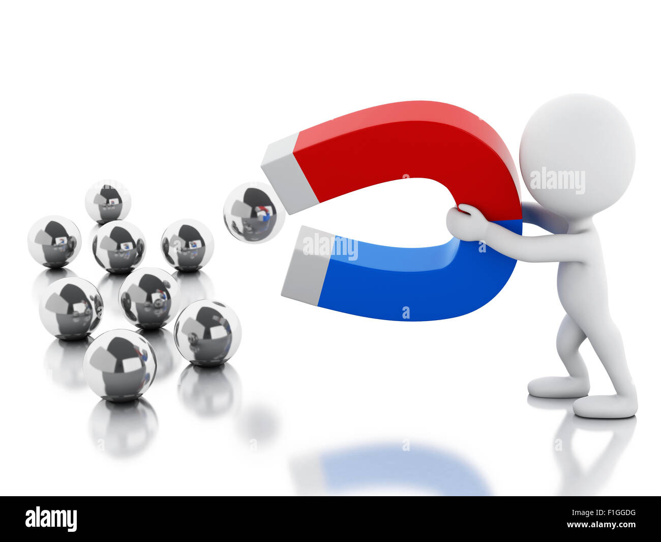 3D renderer immagine. Persone di colore bianco con magnete a ferro di cavallo. Il concetto di business. Isolato sfondo bianco Foto Stock