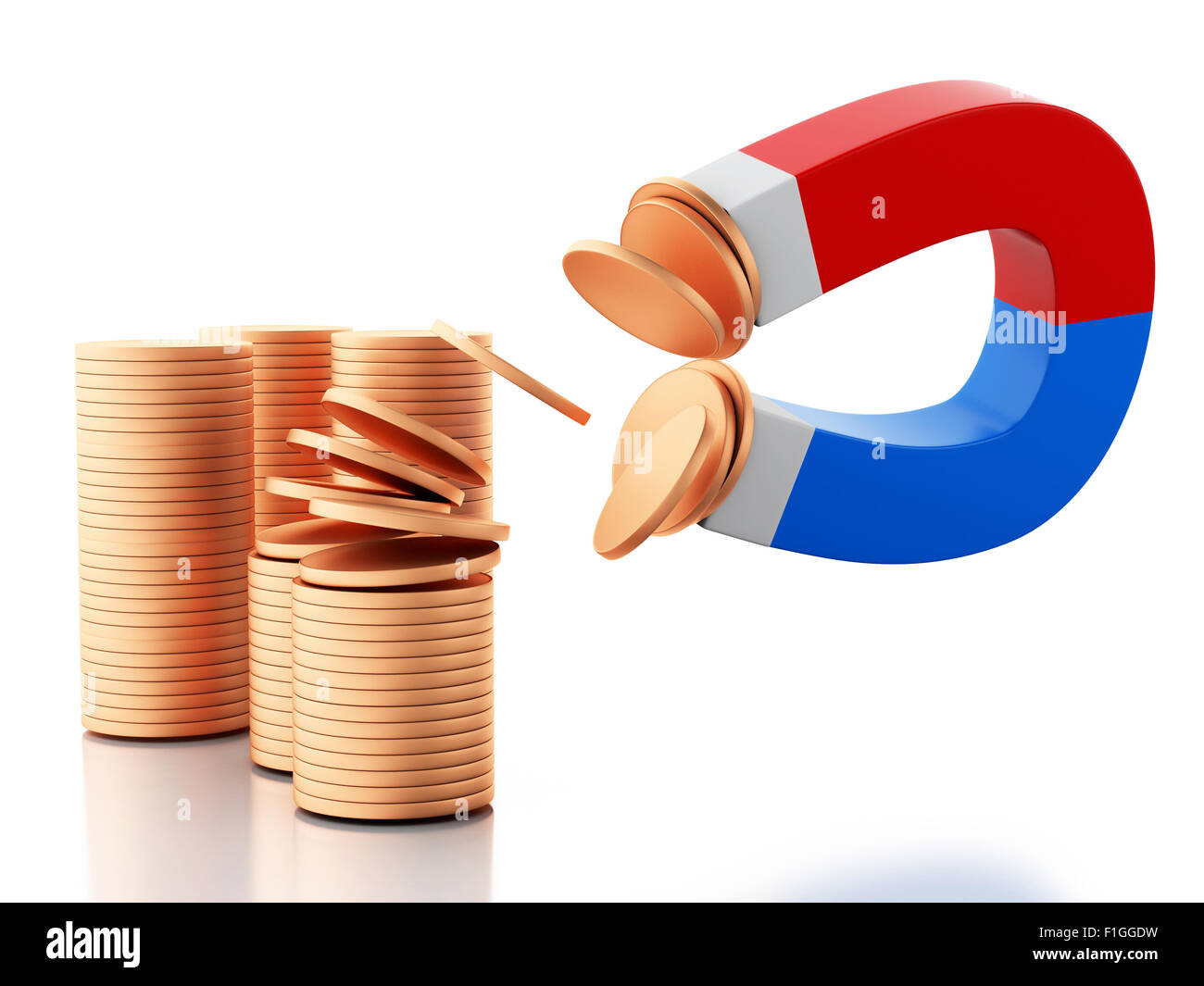 3D renderer immagine. Il magnete a ferro di cavallo per attrarre le monete d'oro. Isolato sfondo bianco Foto Stock