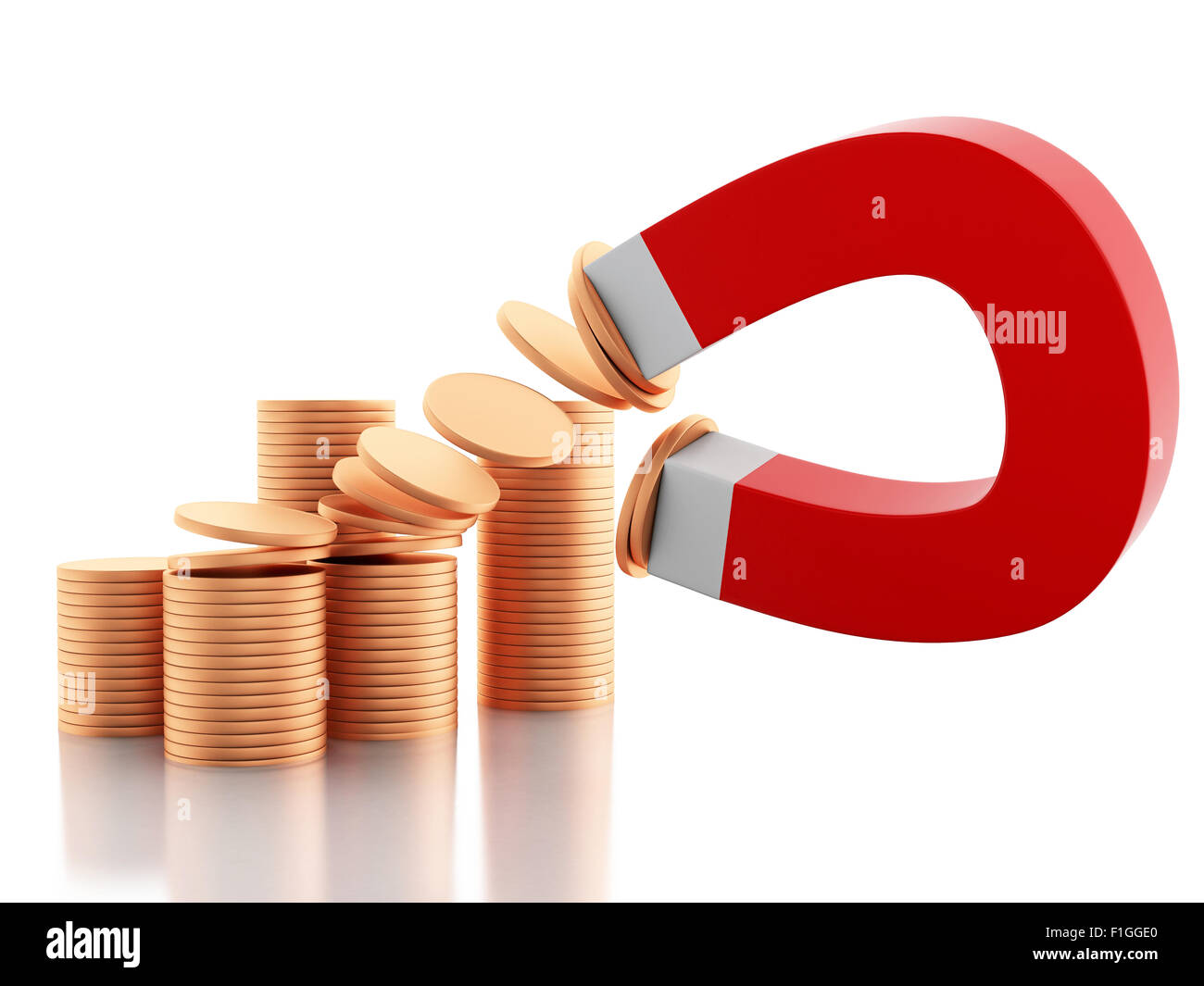 3D renderer immagine. Il magnete a ferro di cavallo per attrarre le monete d'oro. Isolato sfondo bianco Foto Stock