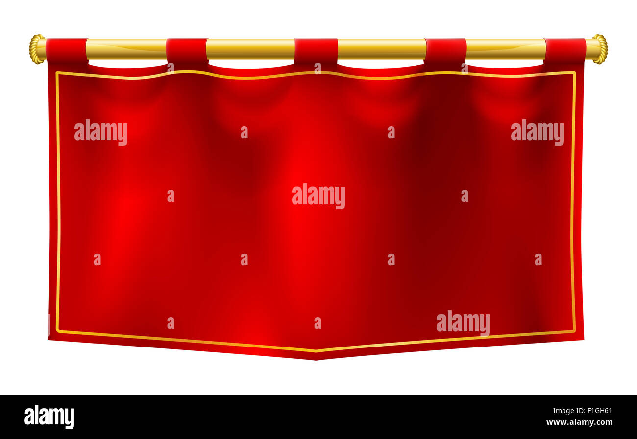 Uno stile medievale banner rosso bandiera sospeso su un palo in oro Foto Stock