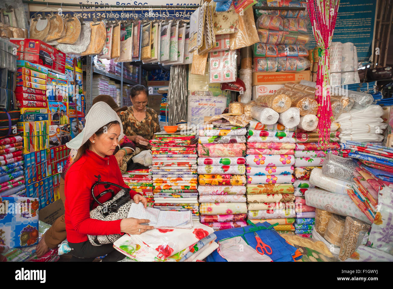 Il Mercato di Binh Tay,, la femmina proprietario di un business di vendita di tessuti controlla le vendite all'interno del Mercato di Binh Tay, nel quartiere di Cholon di Saigon, Vietnam. Foto Stock