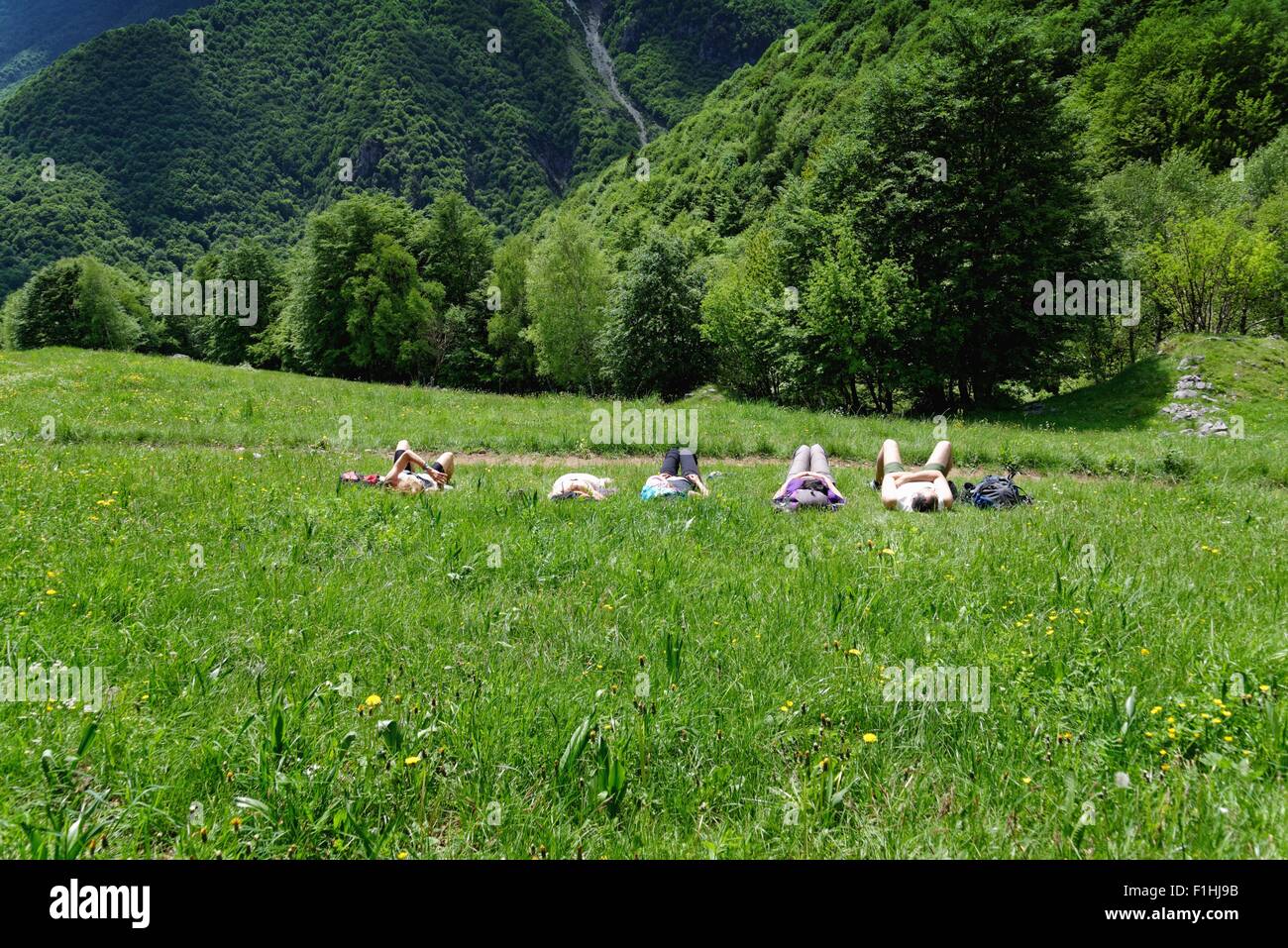 Cinque escursionisti maturo giacente in prato prendendo una pausa Foto Stock