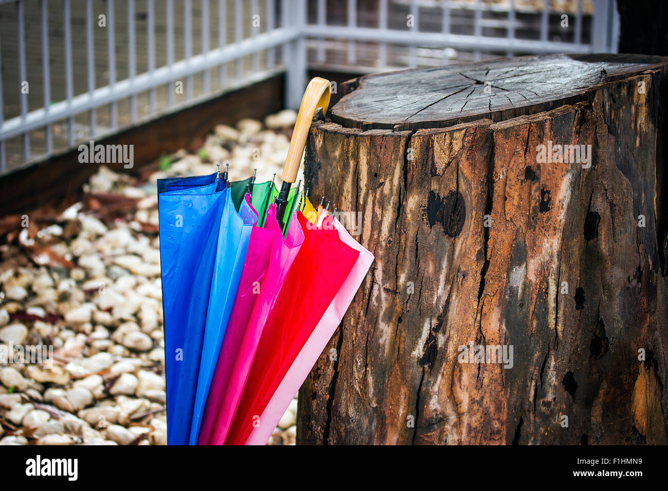 Ombrello coloratissimo all'aperto in autunno Rainy day Foto Stock