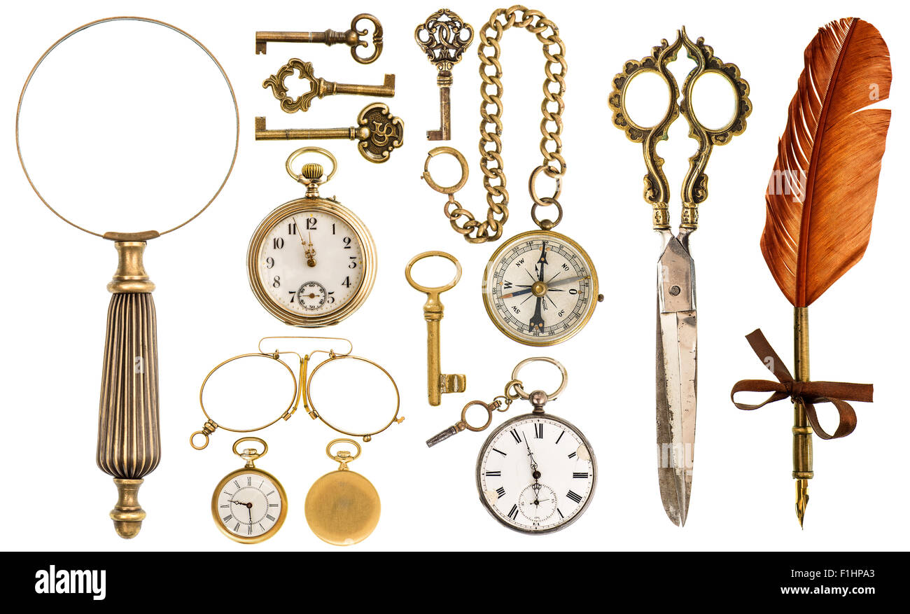 Raccolta di golden vintage accessori e oggetti antichi. Foto Stock