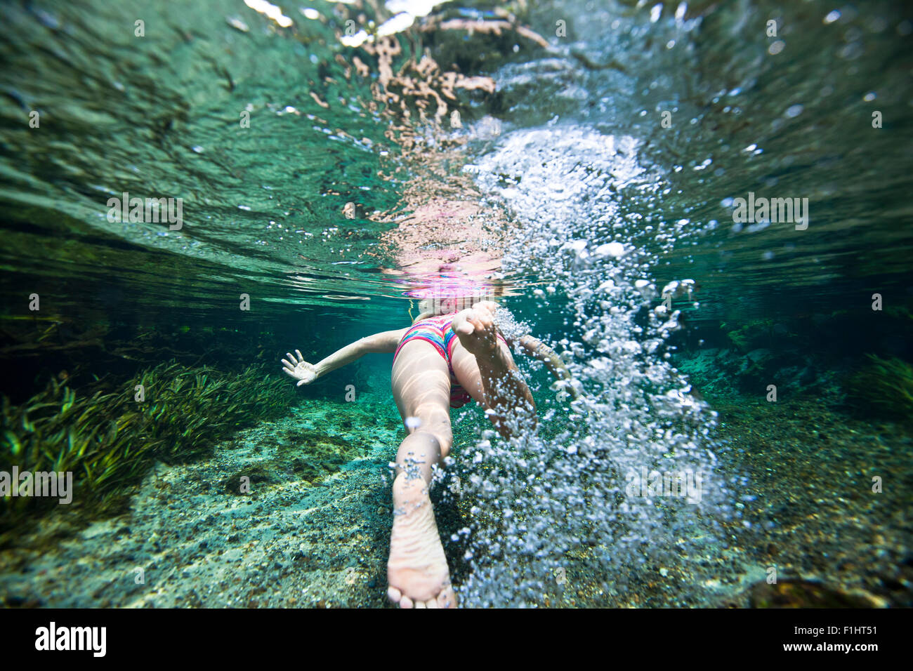 Foto subacquee a seguito di un nuotatore femmina attraverso Rock Springs eseguire in Kelly Park nella Florida Centrale Foto Stock