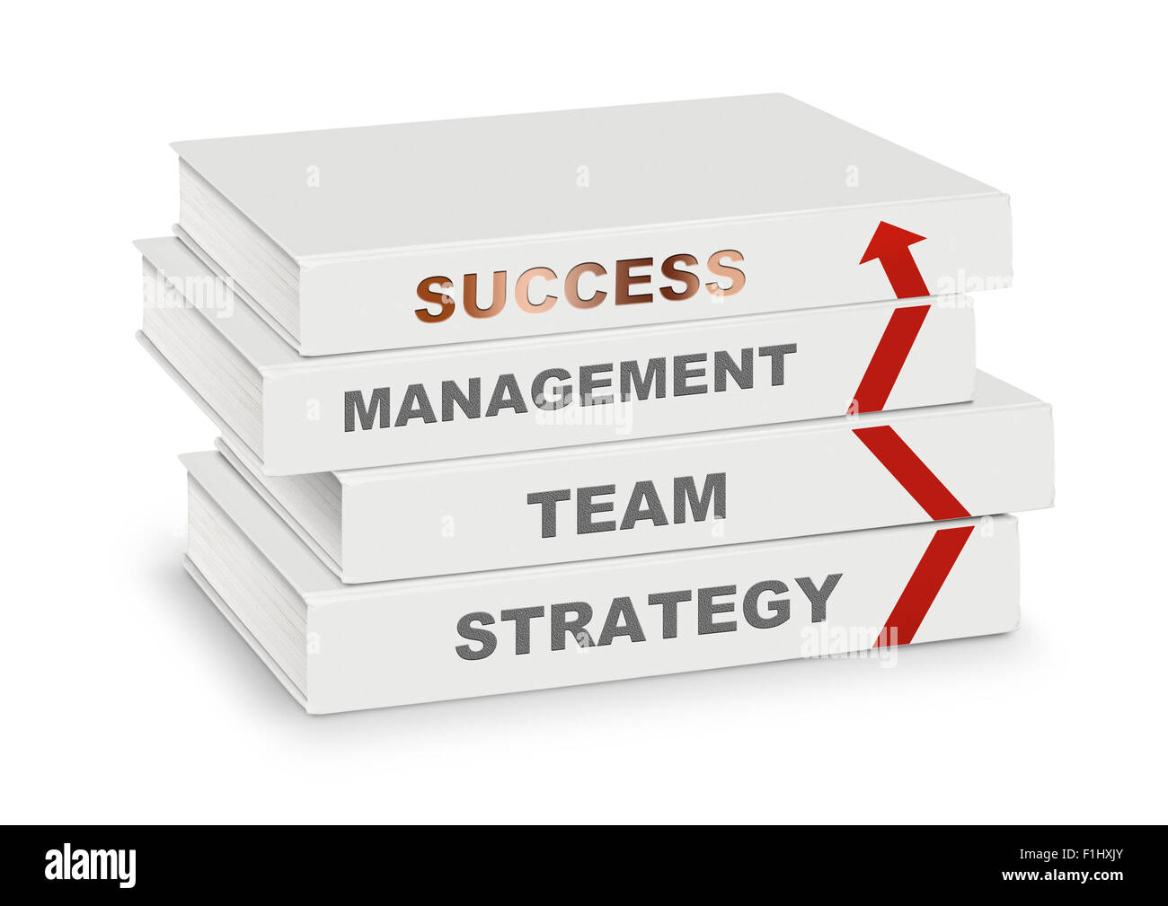 Pila di libri coperti management team, strategia, il successo e la freccia, la concezione di business su bianco con il percorso Foto Stock