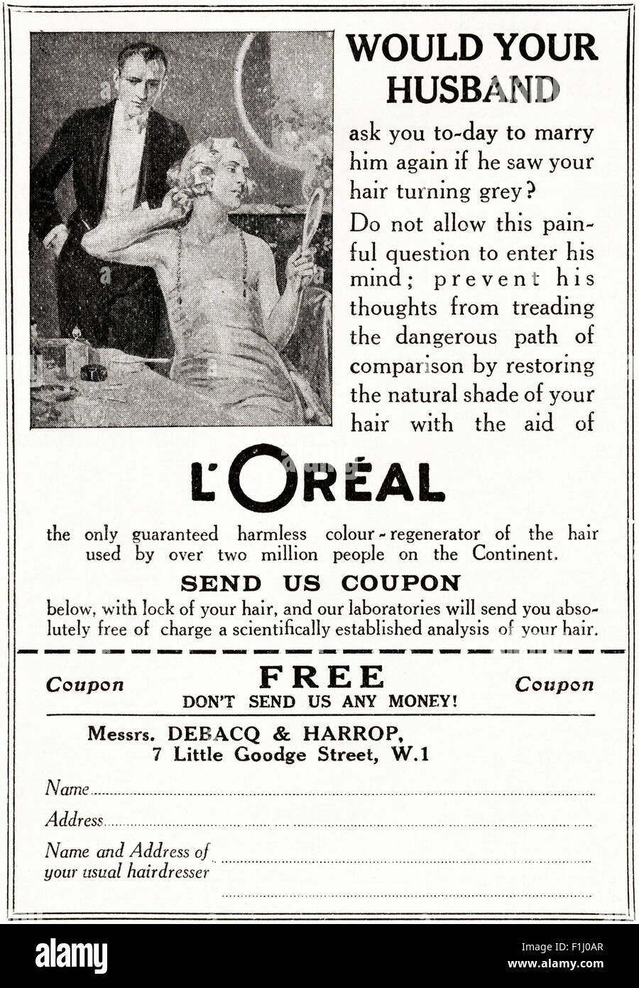 1920s annuncio. Annuncio rivista datata 1923 pubblicità L'Oreal colorazione dei capelli Foto Stock