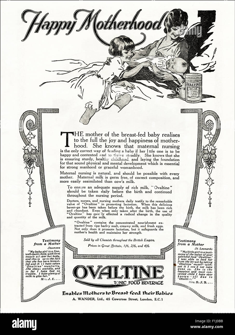 1920s annuncio. Annuncio rivista datata 1923 pubblicità Ovaltine tonificante bevanda alimentare Foto Stock