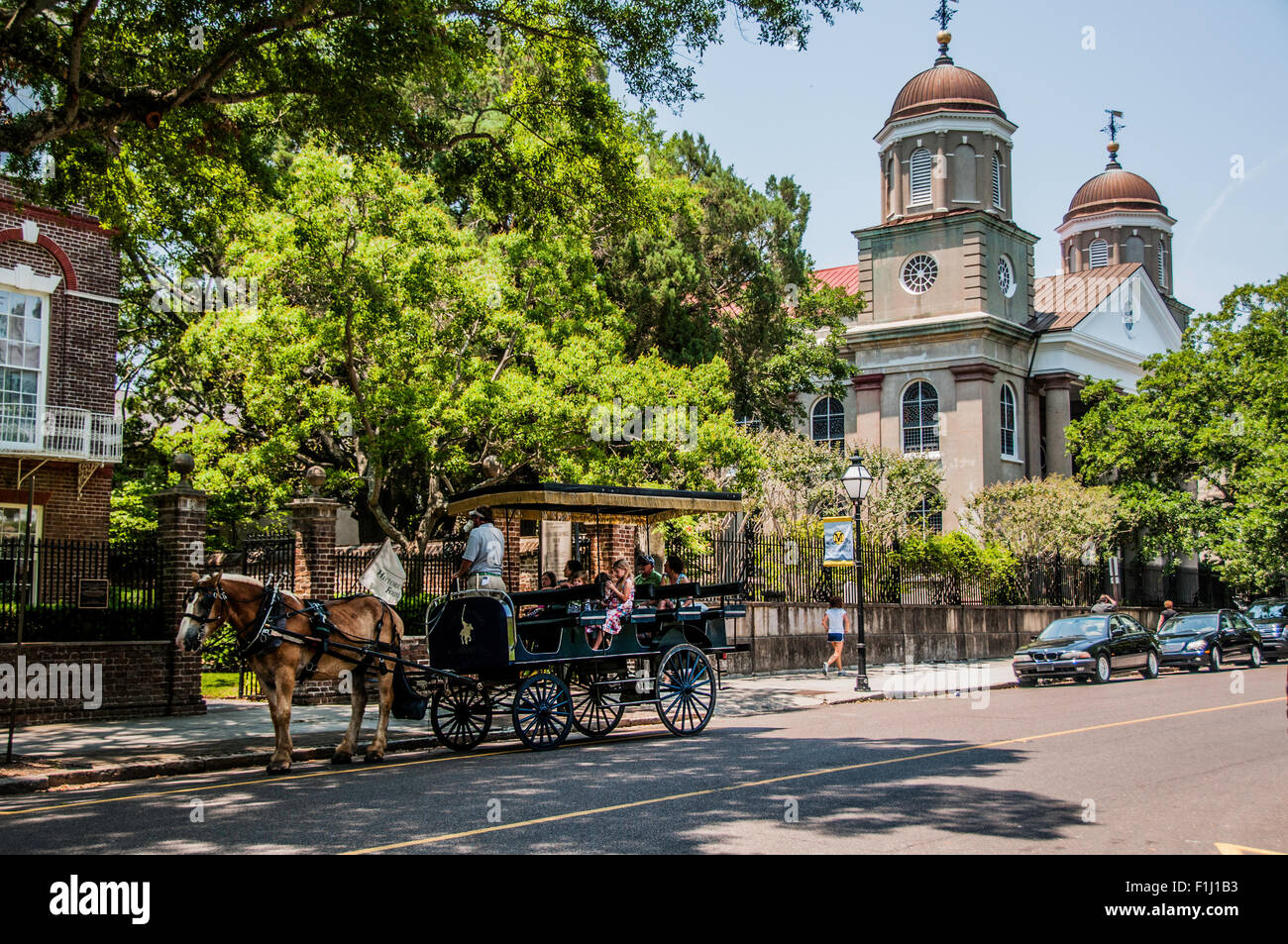 Cavallo e Carrozza a Charleston, Carolina del Sud e Stati Uniti d'America Foto Stock