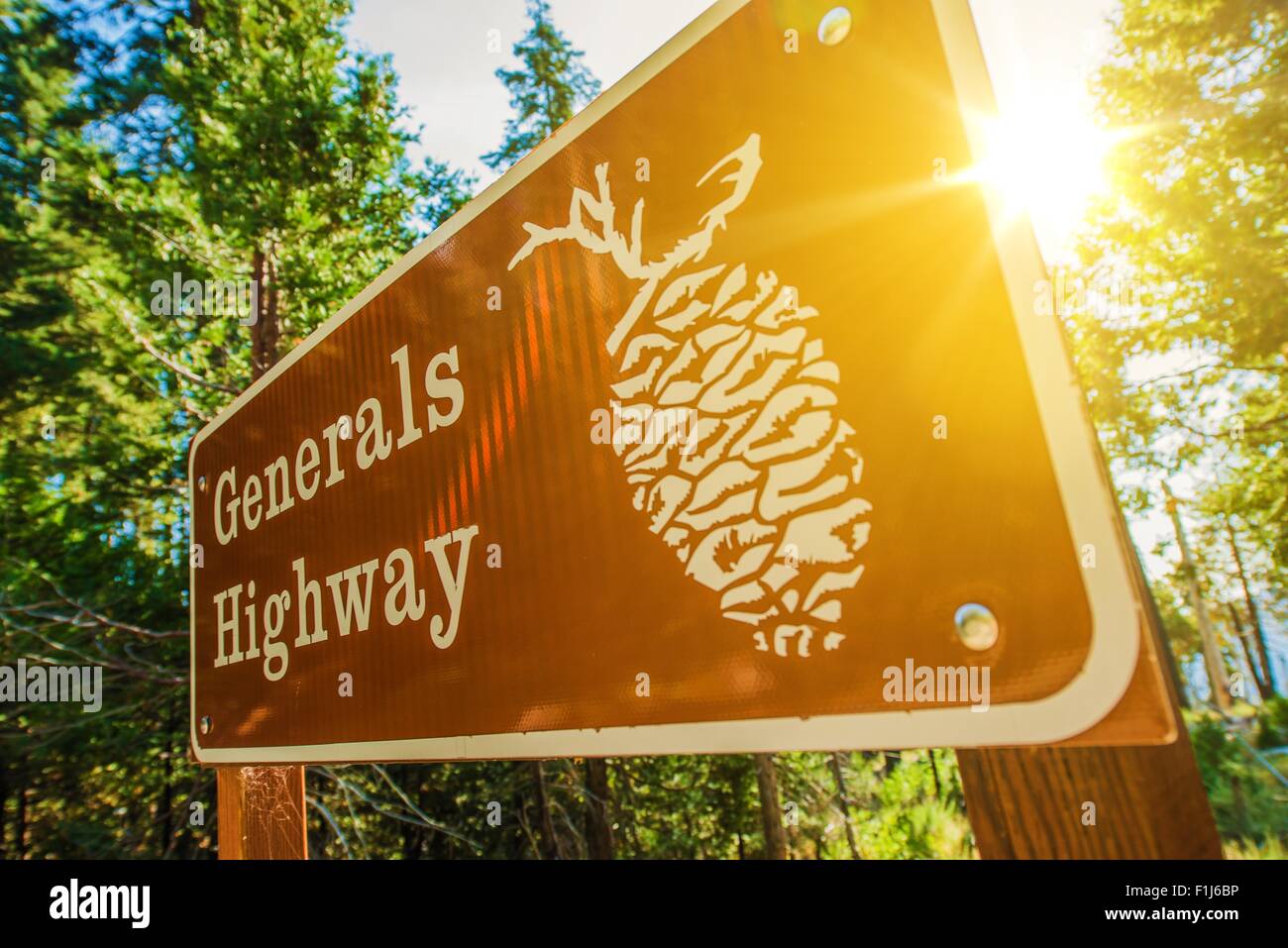 Generals Highway Sign in Sequoia National Park, California, Stati Uniti. Foto Stock