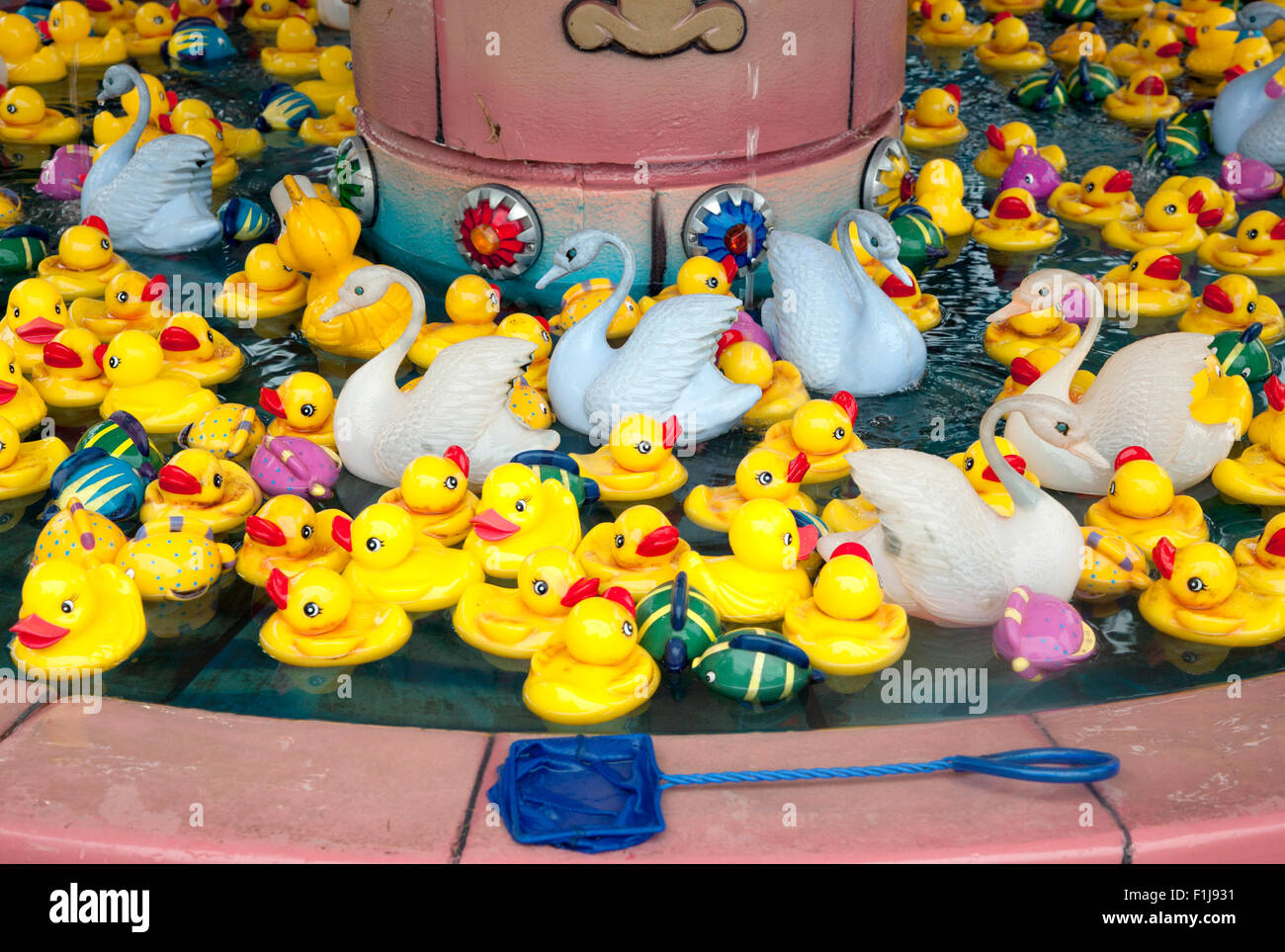 Toy anatroccoli e cigni in un gioco di abilità alla fiera, USA, 2015. Foto Stock