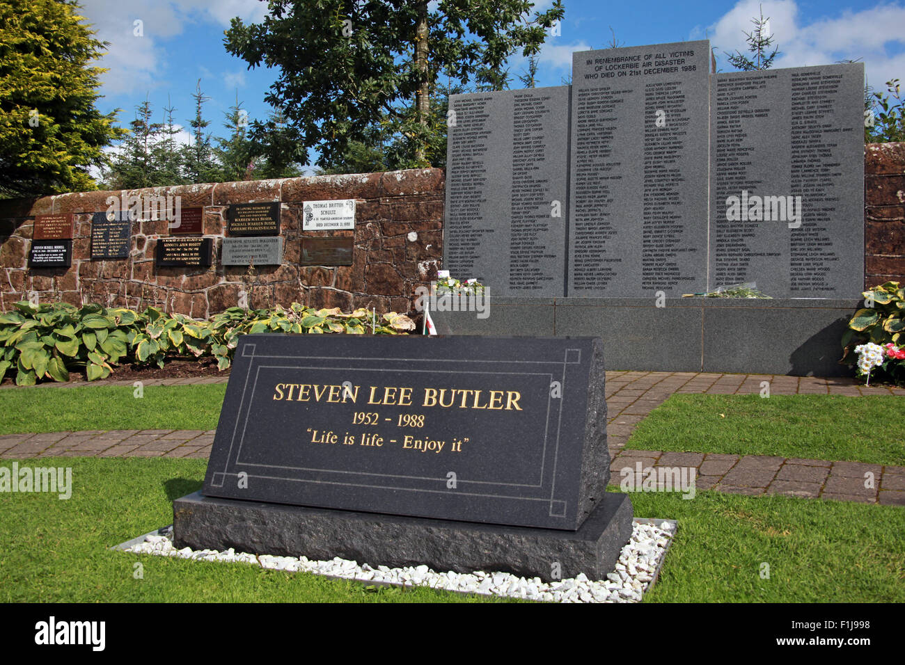 Lockerbie PanAm103 In Rimembranza Memorial Steven Lee Butler - La vita è la vita godere di esso,Scozia Scotland Foto Stock