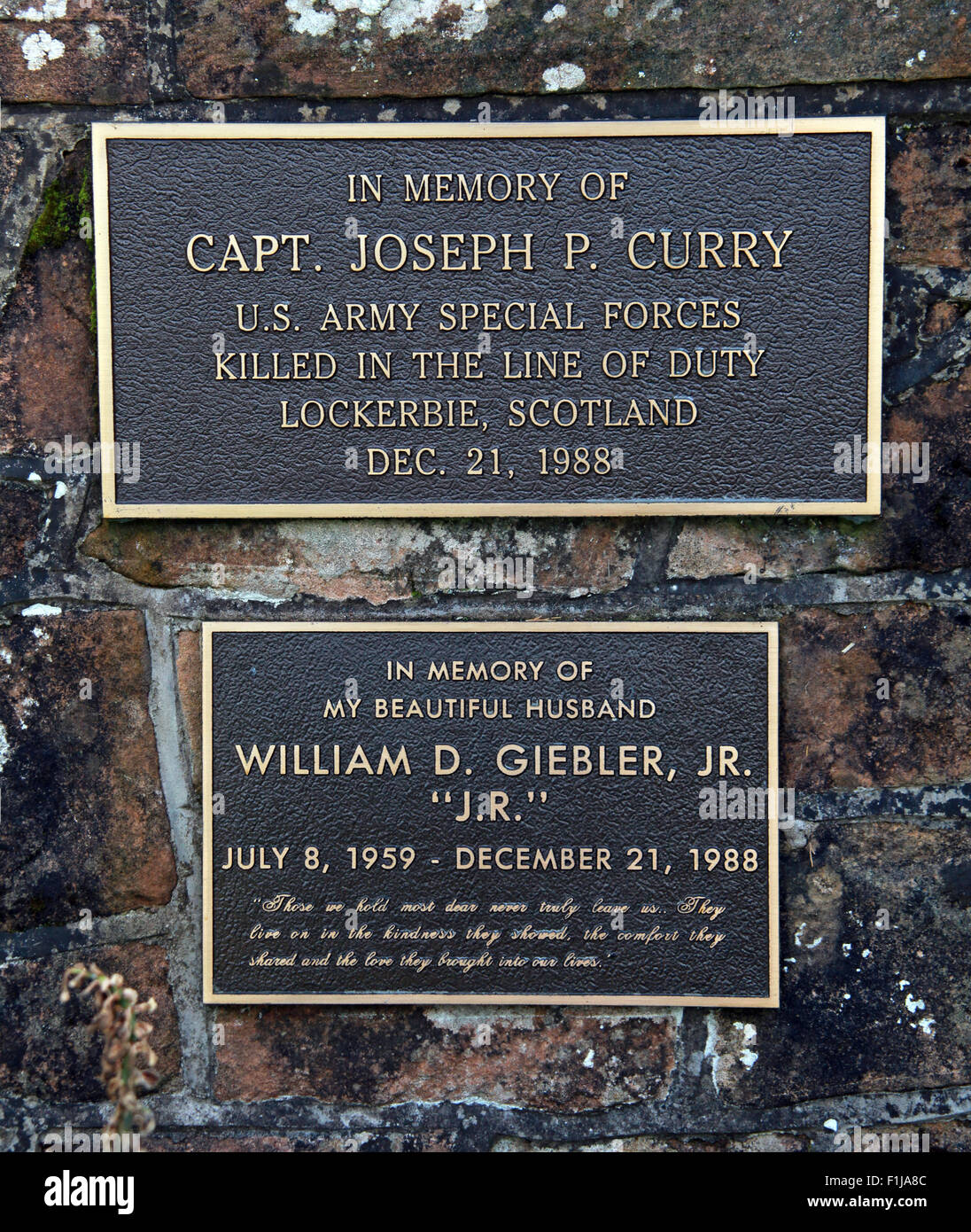Lockerbie PanAm103 In Rimembranza Memorial Capt Joseph P. Curry Army US Special Forces William D. Giebler JR Foto Stock