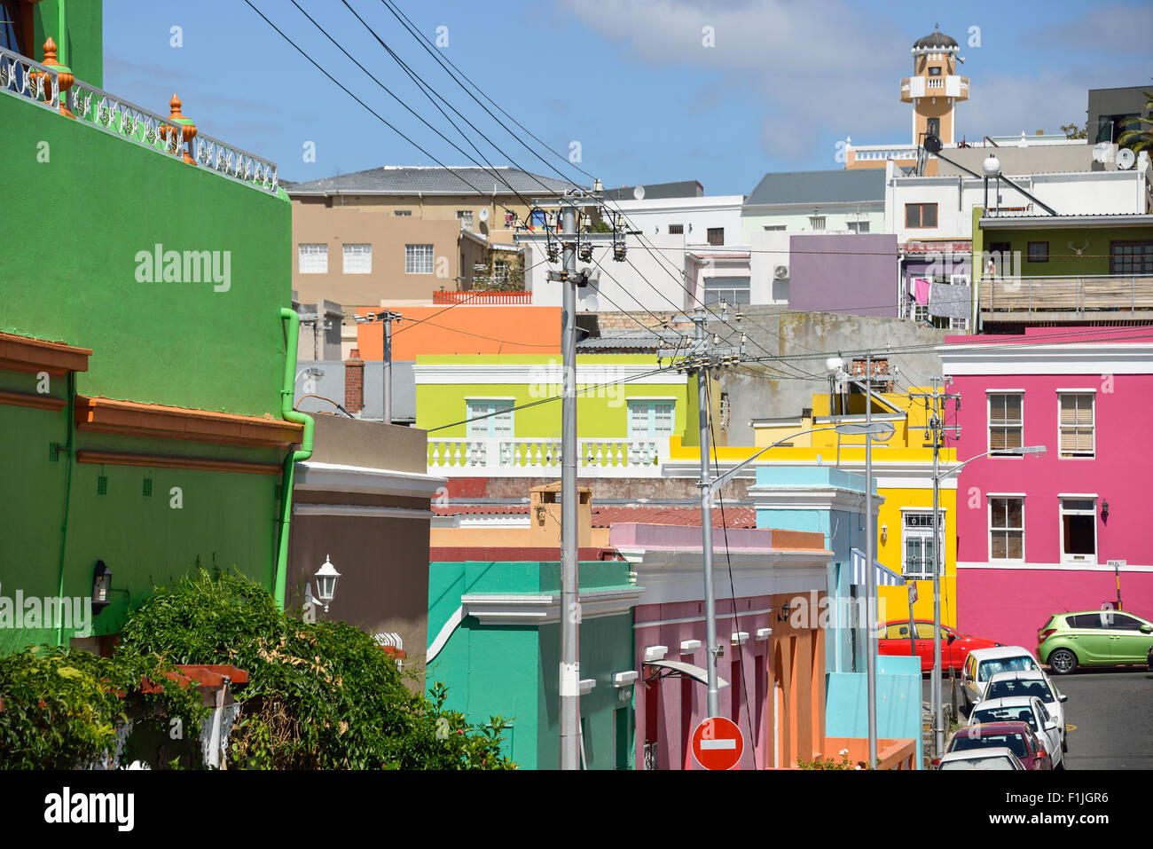 Case colorate di Cape Malay Bo-Kaap distretto, Chiappini Street, Città del Capo, Provincia del Capo occidentale, Repubblica del Sud Africa Foto Stock
