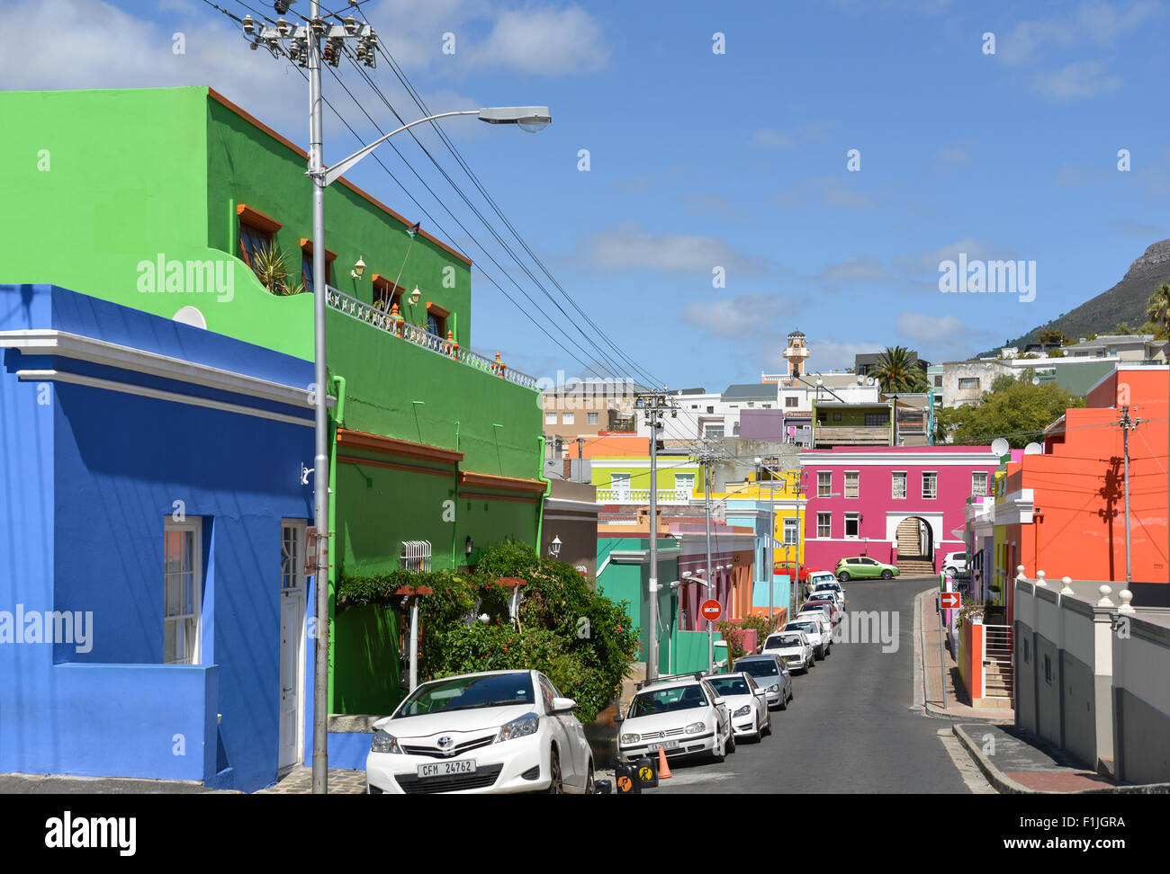 Case colorate di Cape Malay Bo-Kaap distretto, Chiappini Street, Città del Capo, Provincia del Capo occidentale, Repubblica del Sud Africa Foto Stock