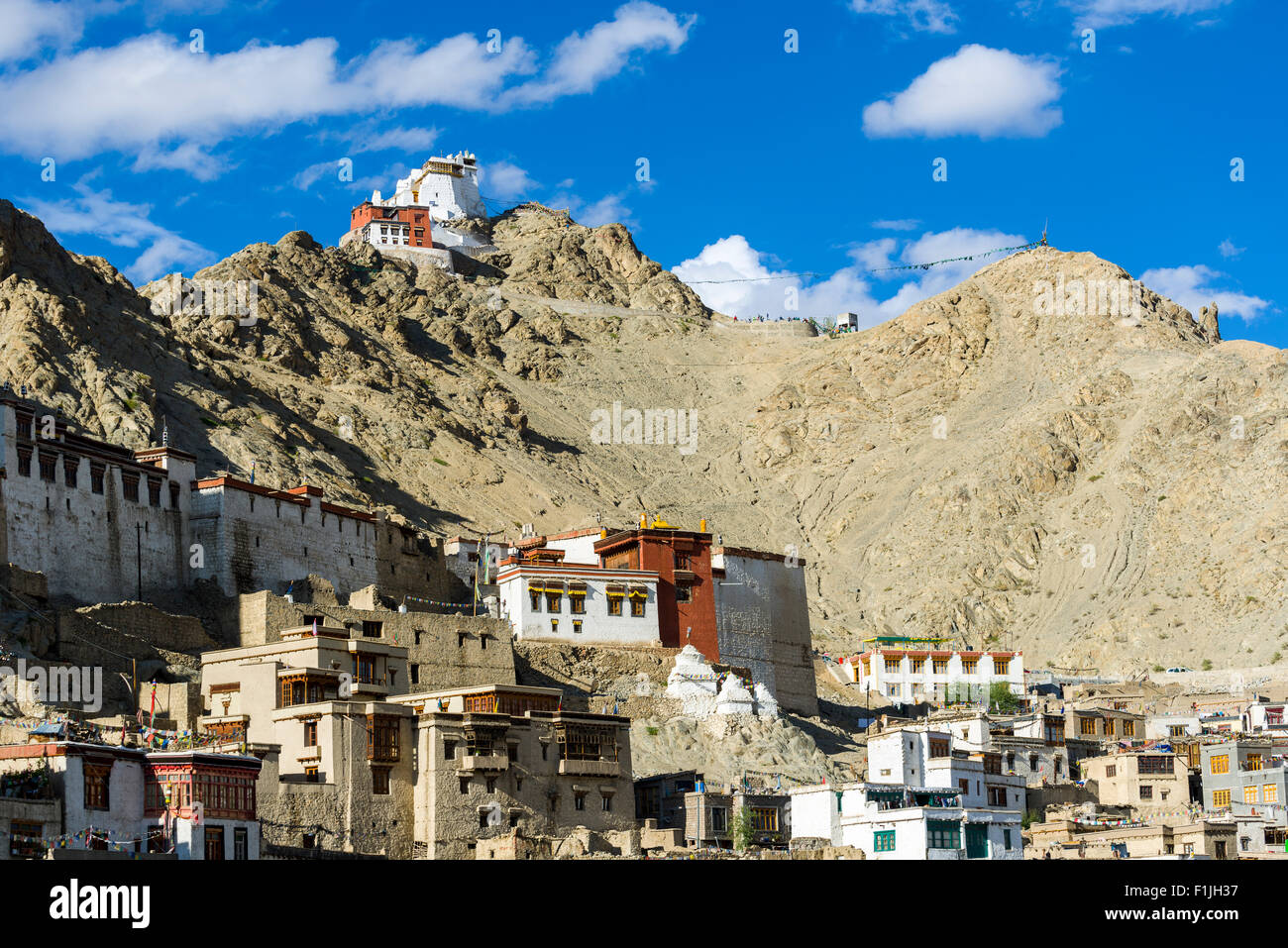 Il Palazzo Vecchio, la parte vecchia della città, Namgyal Tsemo Gompa e Tsemo Fort alta sopra su un crinale montuoso, Leh, Jammu e Kashmir Foto Stock