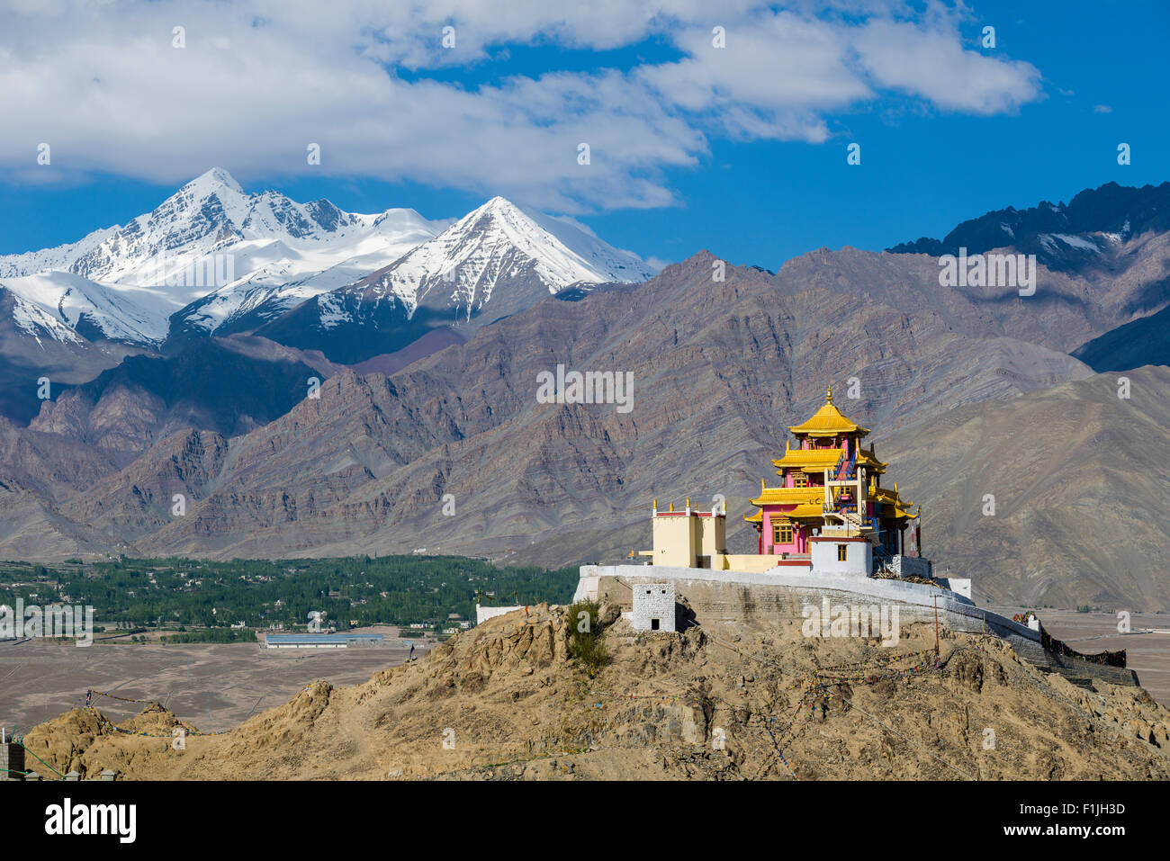 Il monastero Samdok Palgeri Gompa su una collina alta sopra Choglomsar, valle del Indus e delle montagne innevate della distanza Foto Stock