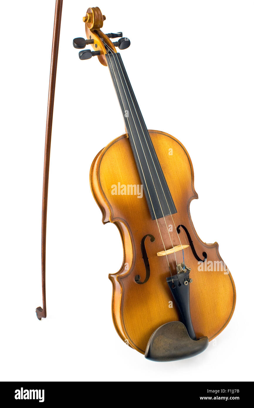 Vecchio violino con arco isolato su bianco Foto Stock