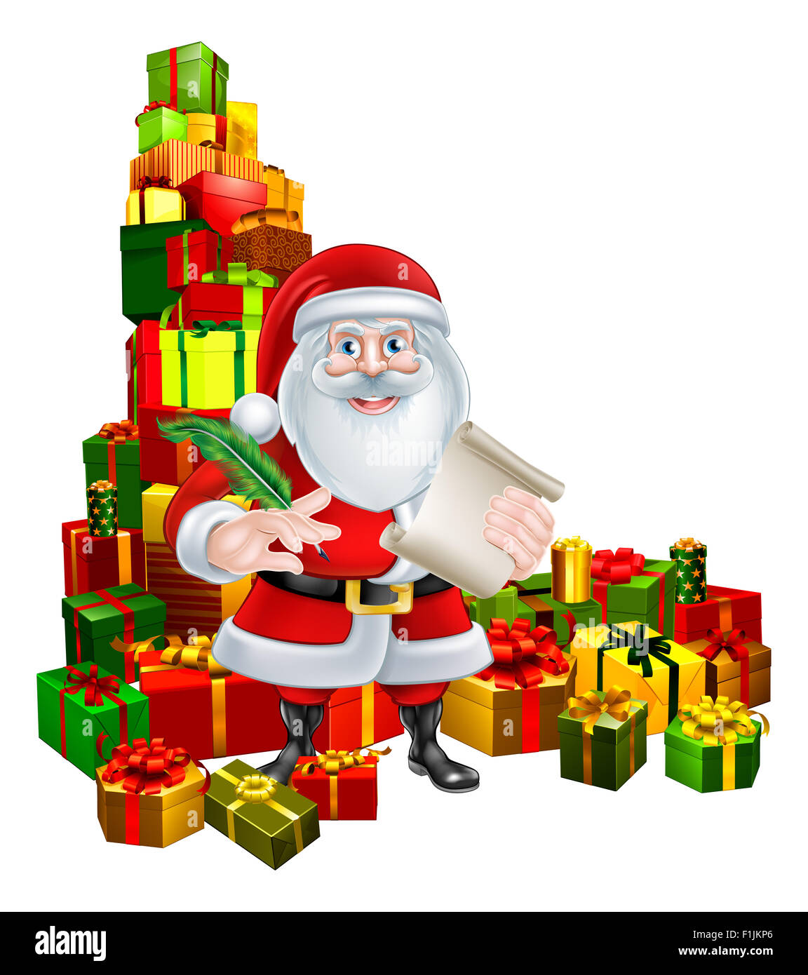 Illustrazione di natale di Santa Claus tenendo una chiocciola o naughty o Nizza lista dei regali di Natale e il cappello della penna di piume e penne in piedi Foto Stock