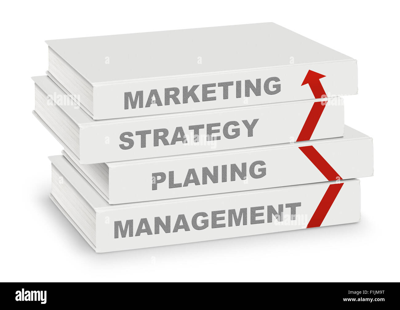 Pila di libri coperti di marketing, strategia, piallatura, gestione e freccia, la concezione di business su bianco con il percorso Foto Stock