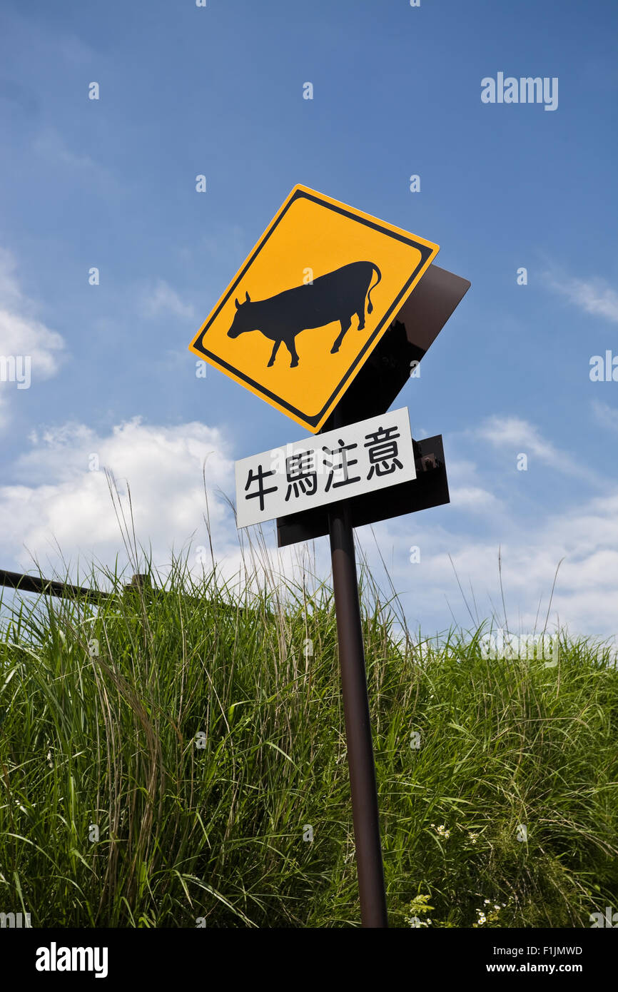 Strada segno di avvertimento con parole che significano attenzione cattles e cavalli Foto Stock