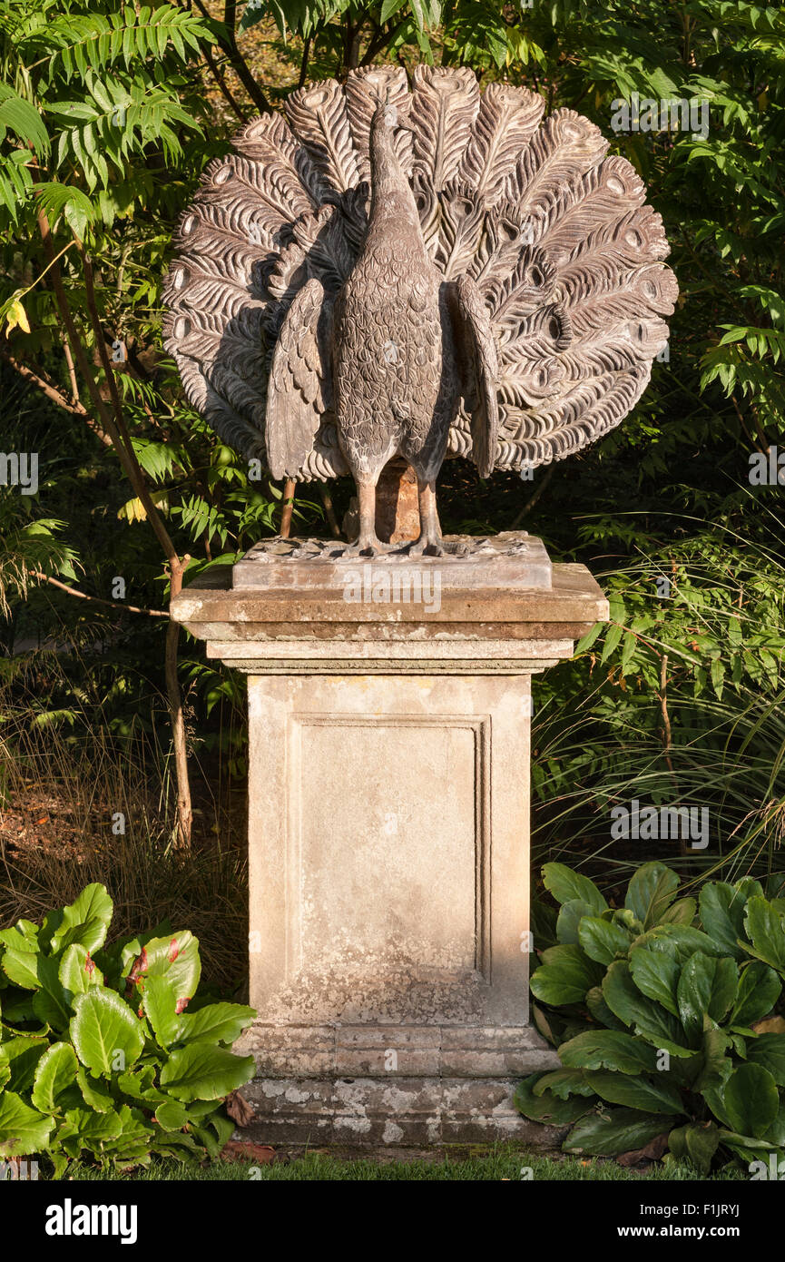 Powis Castle Gardens, Welshpool, Wales, Regno Unito. Una statua di un pavone in fusione di piombo su una delle terrazze sotto il castello Foto Stock
