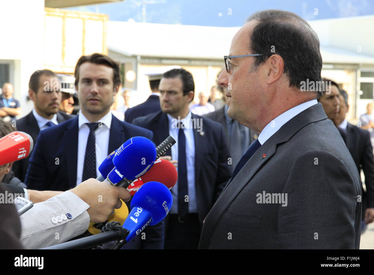 Visita presidenziale di Francois Hollande, alla società Air Liquide di tecnologie avanzate, vicino a Grenoble, Isere, Francia. Foto Stock