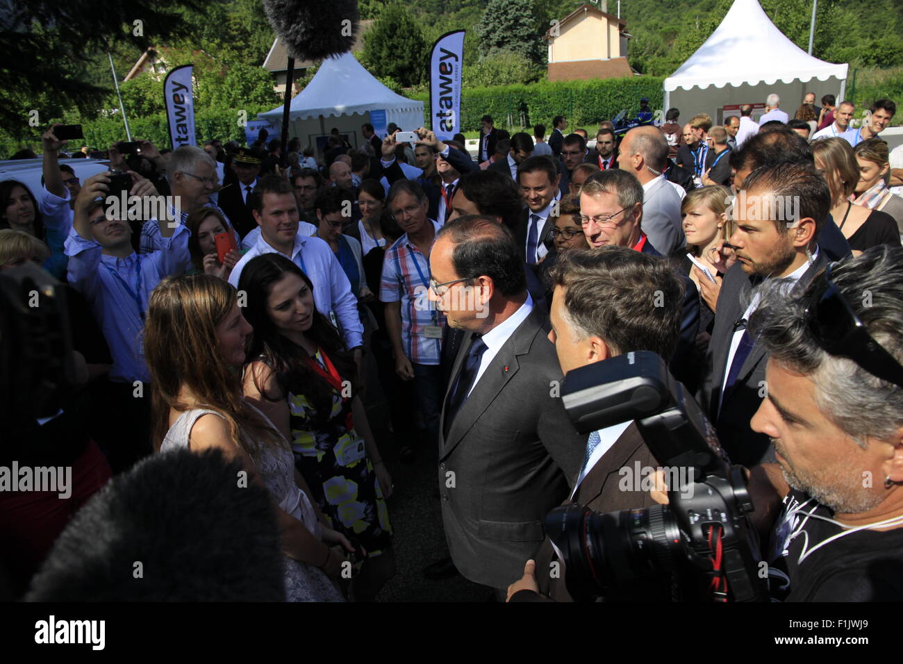 Visita presidenziale di Francois Hollande, alla società Air Liquide di tecnologie avanzate, vicino a Grenoble, Isere, Francia. Foto Stock