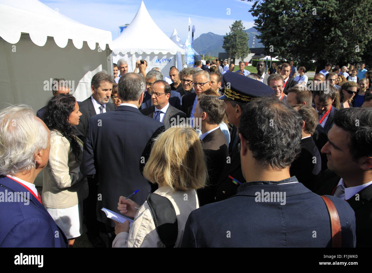 Visita presidenziale di Francois Hollande, alla società Air Liquide di tecnologie avanzate, vicino a Grenoble, Isere, Francia. Foto Stock