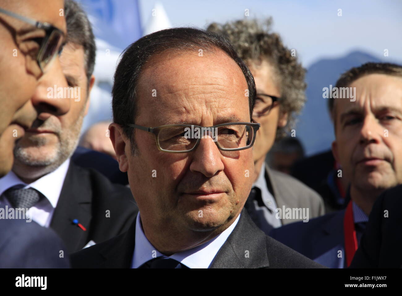Visita presidenziale di Francois Hollande, alla società Air Liquide di tecnologie avanzate, vicino a Grenoble, Isere, Francia. Foto Stock