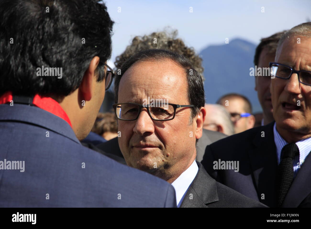 Visita presidenziale di Francois Hollande, alla società Air Liquide di tecnologie avanzate, vicino a Grenoble, Isere, Francia. Foto Stock