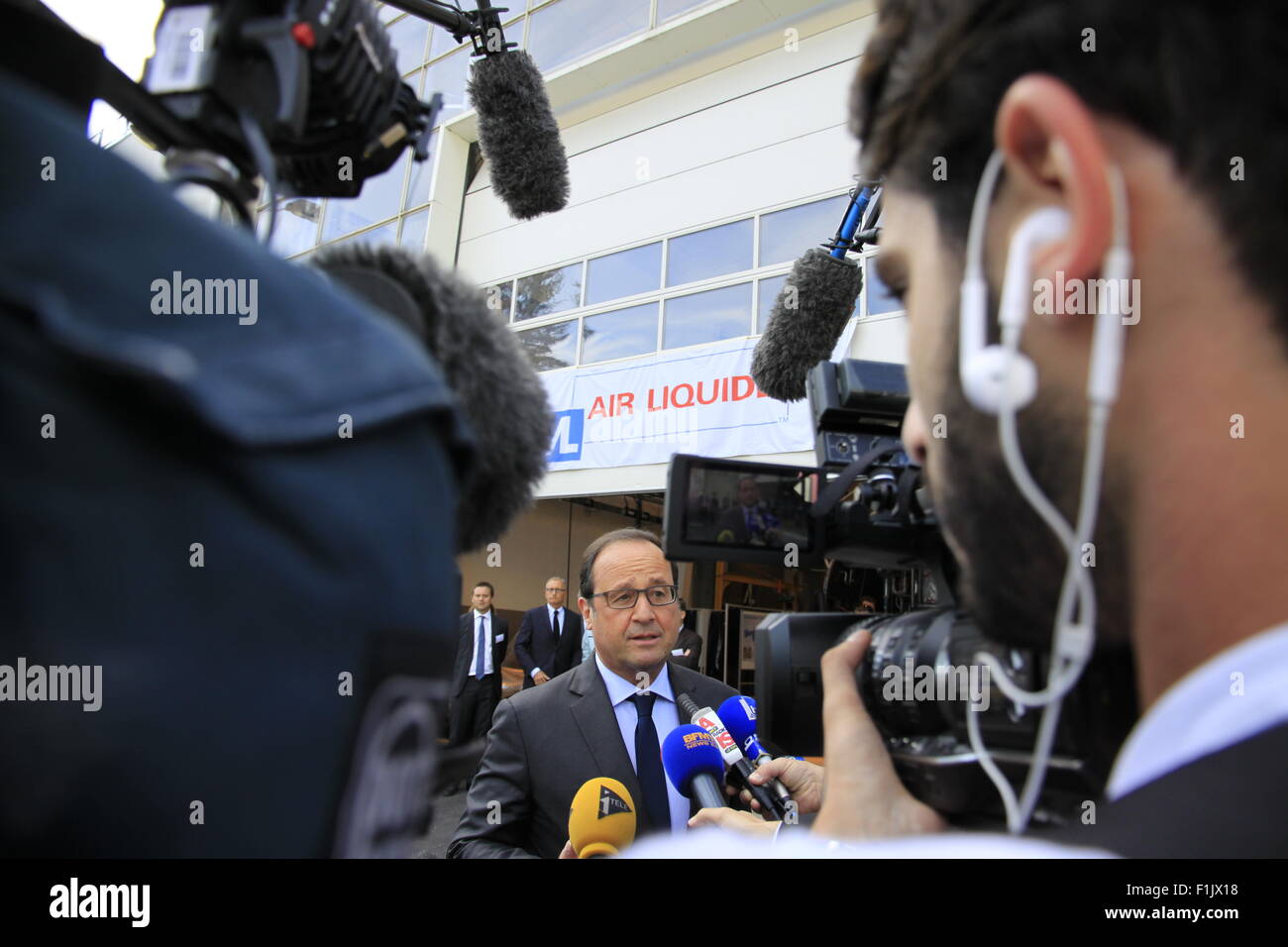 Visita presidenziale di Francois Hollande, alla società Air Liquide di tecnologie avanzate, vicino a Grenoble, Isere, Francia. Foto Stock