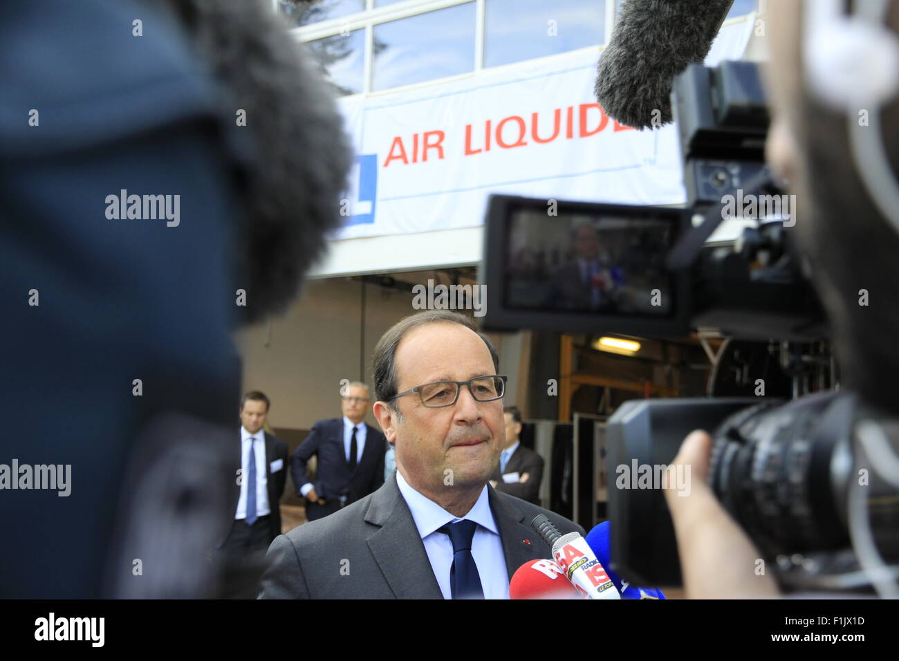 Visita presidenziale di Francois Hollande, alla società Air Liquide di tecnologie avanzate, vicino a Grenoble, Isere, Francia. Foto Stock