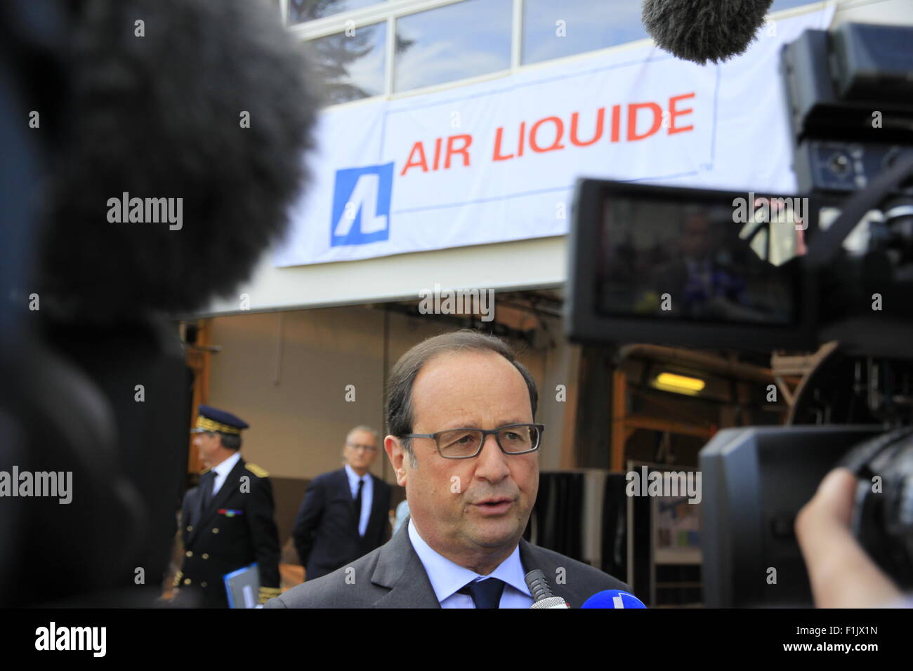 Visita presidenziale di Francois Hollande, alla società Air Liquide di tecnologie avanzate, vicino a Grenoble, Isere, Francia. Foto Stock