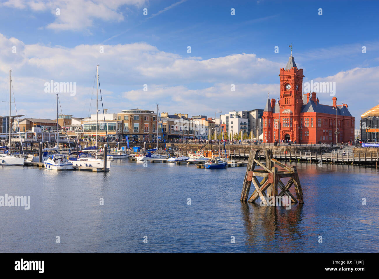 Pier House per la Baia di Cardiff Cardiff Galles con Millenium Center in background Foto Stock