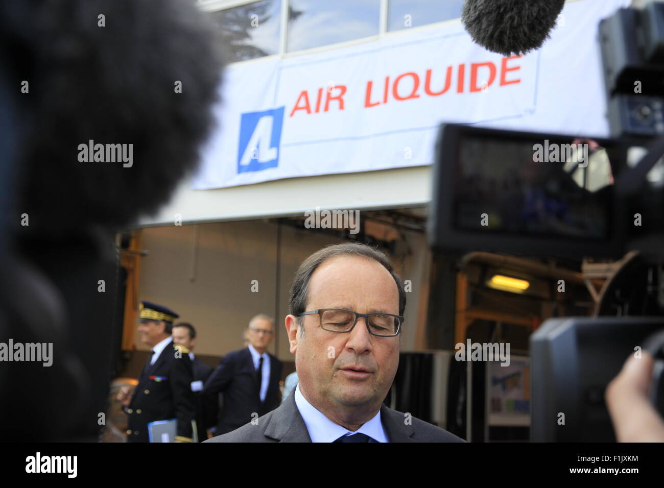 Visita presidenziale di Francois Hollande, alla società Air Liquide di tecnologie avanzate, vicino a Grenoble, Isere, Francia. Foto Stock