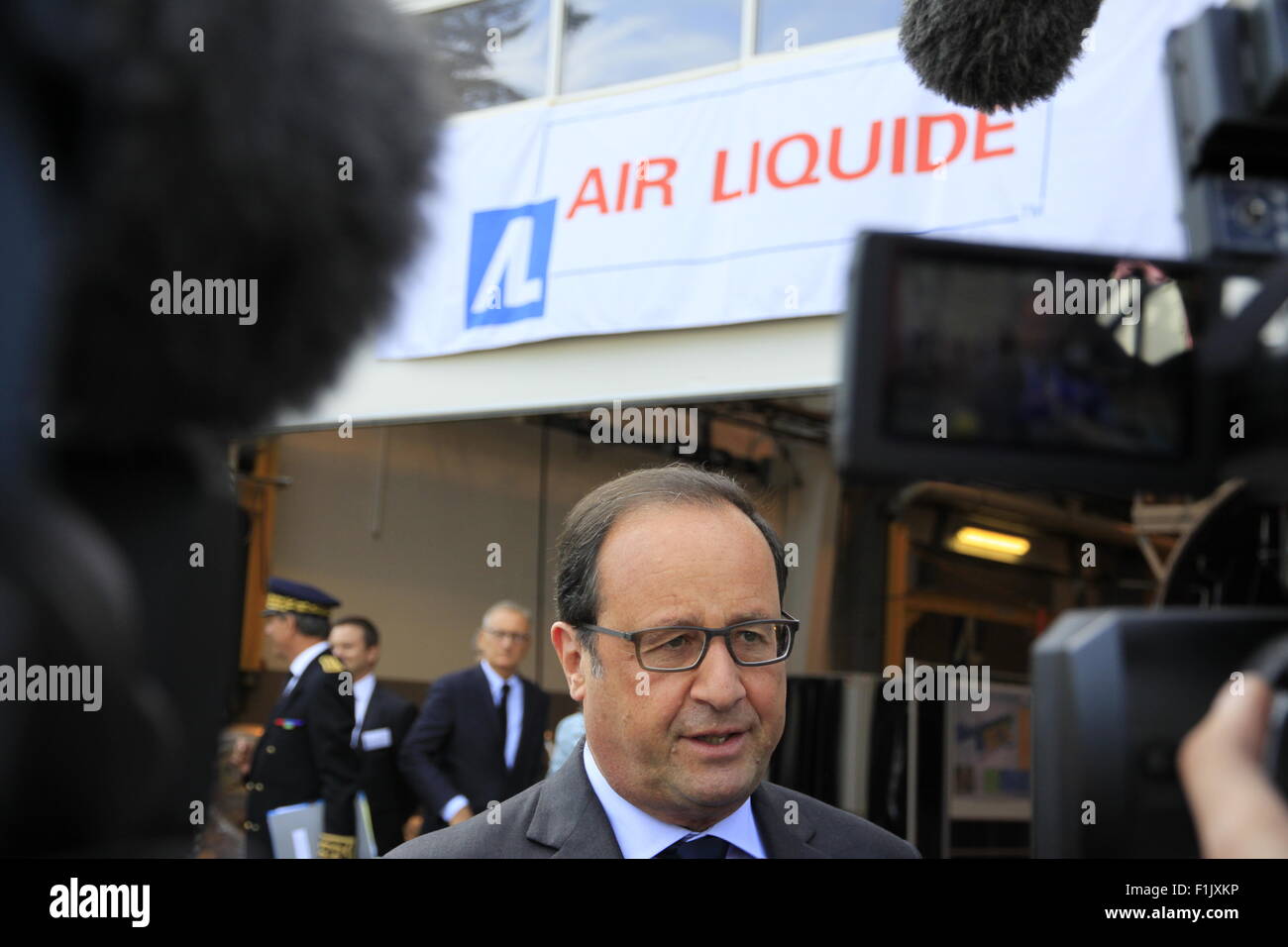 Visita presidenziale di Francois Hollande, alla società Air Liquide di tecnologie avanzate, vicino a Grenoble, Isere, Francia. Foto Stock